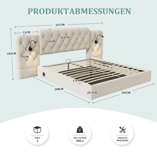 Lit Coffre 180x200 Cm, Avec Tête De Lit Prolongée, En Velours, Beige