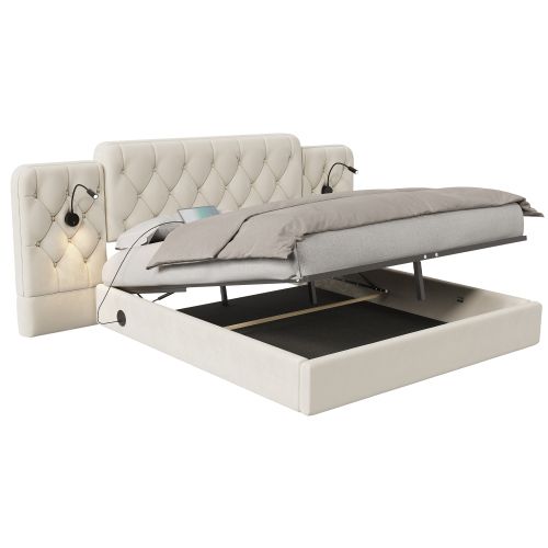 Lit Coffre 160x200 Cm, Tête De Lit Capitonnée Et Coffre De Rangement, En Velours, Beige
