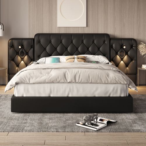 Lit Coffre 160x200 Cm, Tête De Lit Prolongée Capitonnée Et Ports USB, En Pu, Noir
