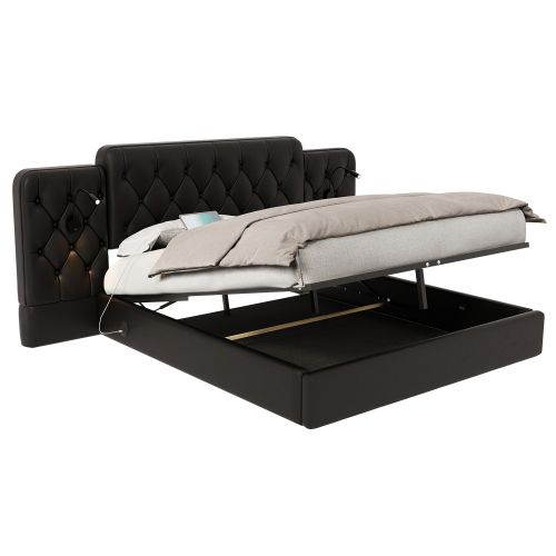 Lit Coffre 160x200 Cm, Tête De Lit Prolongée Capitonnée Et Ports USB, En Pu, Noir