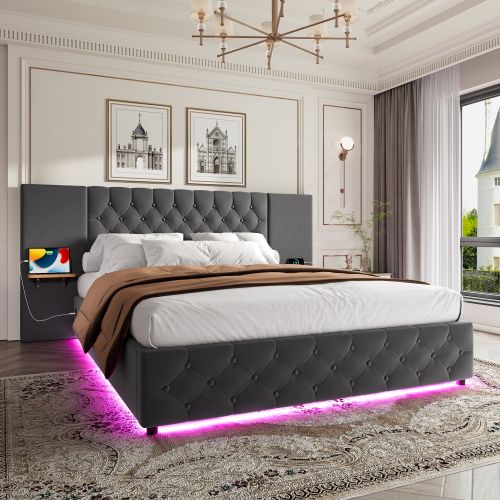 Lit Coffre 160x200 Cm, Lit Adulte, Avec LED, Tête De Lit Capitonnée En Velours, Gris
