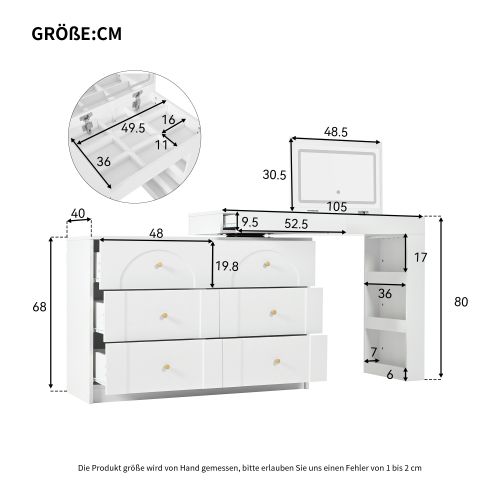 Coiffeuse Convertible Avec Miroir LED Et Rangement, Table De Toilette, 105x40x80 Cm, Blanc