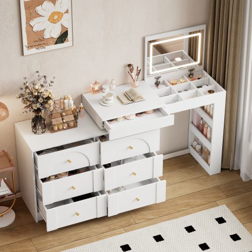 Coiffeuse Convertible Avec Miroir LED Et Rangement, Table De Toilette, 105x40x80 Cm, Blanc