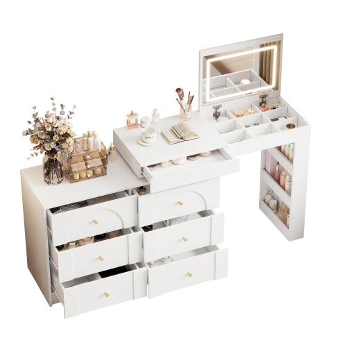 Coiffeuse Convertible Avec Miroir LED Et Rangement, Table De Toilette, 105x40x80 Cm, Blanc