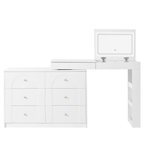 Coiffeuse Convertible Avec Miroir LED Et Rangement, Table De Toilette, 105x40x80 Cm, Blanc