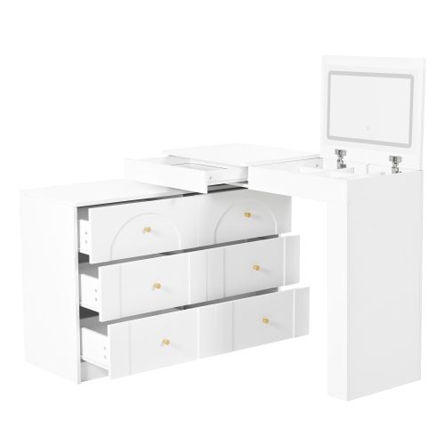 Coiffeuse Convertible Avec Miroir LED Et Rangement, Table De Toilette, 105x40x80 Cm, Blanc