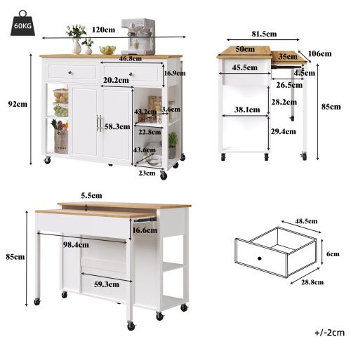 Desserte De Cuisine à Roulettes Avec 2 Tiroirs En Mdf, Blanc