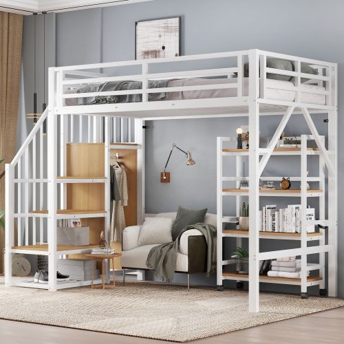 Lit Mezzanine 90x200 Cm Avec Armoire D'angle Et Étagère Roulante, En Métal, Blanc