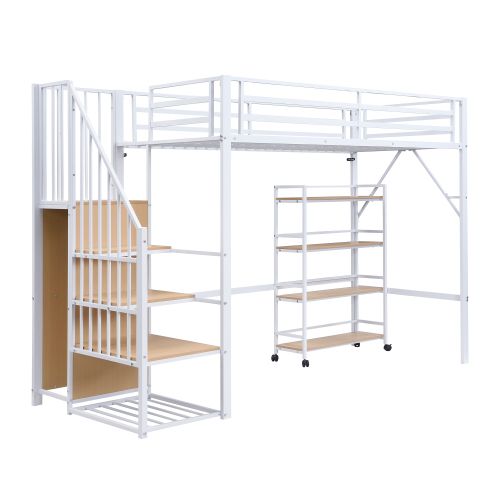 Lit Mezzanine 90x200 Cm Avec Armoire D'angle Et Étagère Roulante, En Métal, Blanc