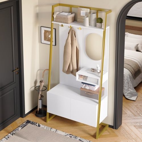 Vestiaire D’entrée Avec Miroir, Crochets, Étagères, Portes, Rangement à Chaussures Et Assise, Blanc