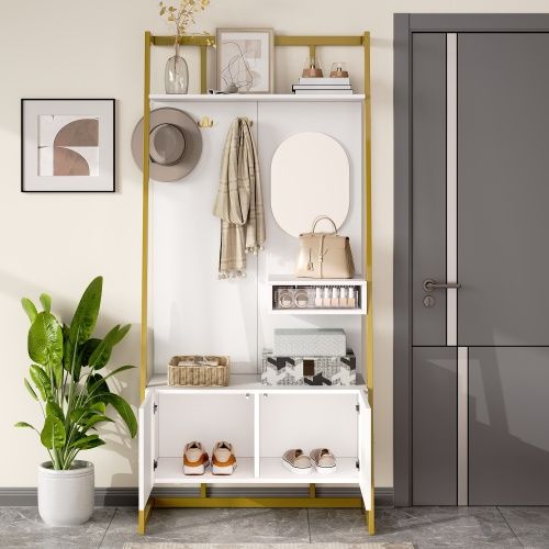 Vestiaire D’entrée Avec Miroir, Crochets, Étagères, Portes, Rangement à Chaussures Et Assise, Blanc