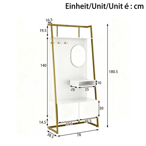 Vestiaire D’entrée Avec Miroir, Crochets, Étagères, Portes, Rangement à Chaussures Et Assise, Blanc