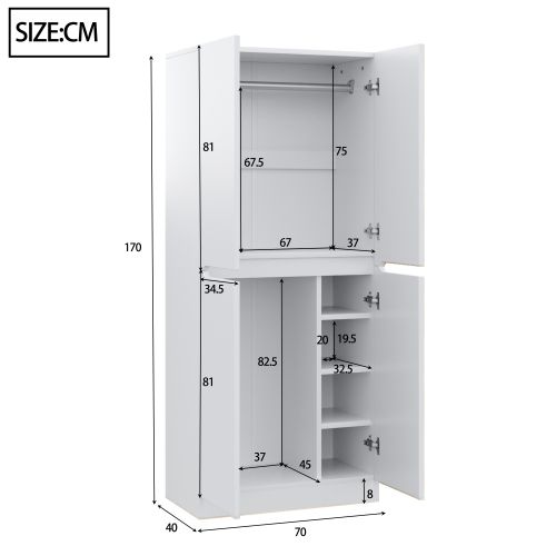 Armoire à Double Porte 70 X 40 X 170 Cm, Petit Compartiment De Rangement, Blanc
