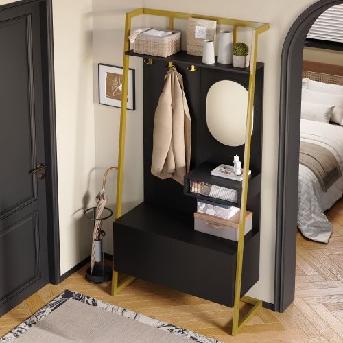 Vestiaire D’entrée Avec Miroir, Crochets, Assise, Étagères, 2 Portes Et Range-chaussures, Noir