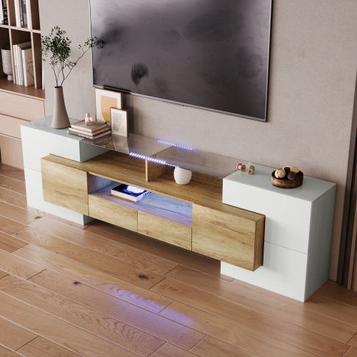 Meuble TV 200 Cm, Brillante, Avec 6 Portes, 2 Tiroirs, 3 Niches Ouvertes, Avec LED, Couleur Bois
