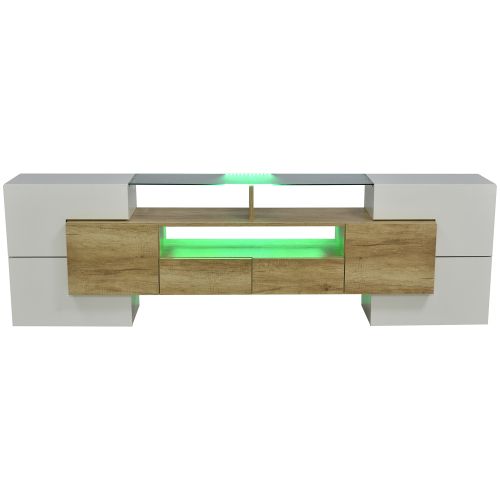Meuble TV 200 Cm, Brillante, Avec 6 Portes, 2 Tiroirs, 3 Niches Ouvertes, Avec LED, Couleur Bois