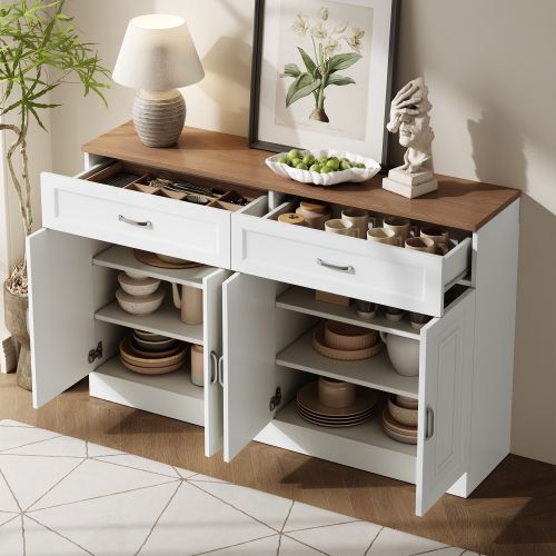 Buffet Blanc Et Bois 120x35x80,5 Cm – 4 Portes, 2 Tiroirs