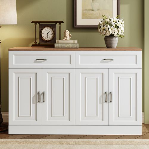 Buffet Blanc Et Bois 120x35x80,5 Cm – 4 Portes, 2 Tiroirs