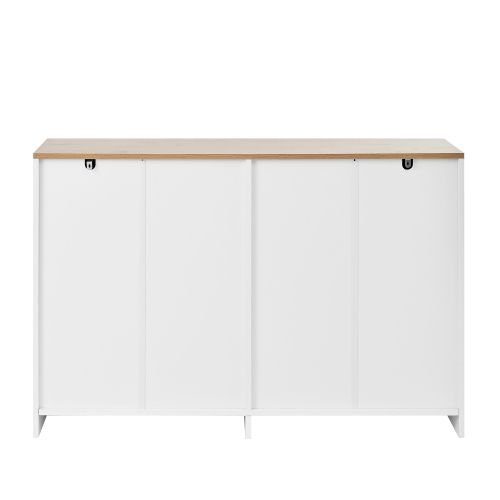 Buffet Blanc Et Bois 120x35x80,5 Cm – 4 Portes, 2 Tiroirs
