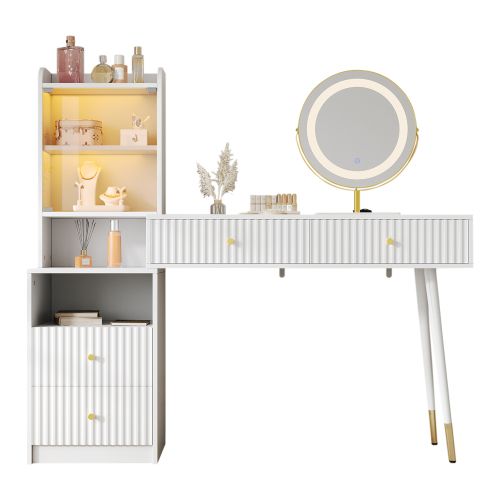 Coiffeuse Avec Miroir LED Tricolore, 100x40x125 Cm, Blanc