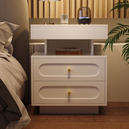 Table De Chevet LED 50x40x60 Cm, 2 Tiroirs, Blanc