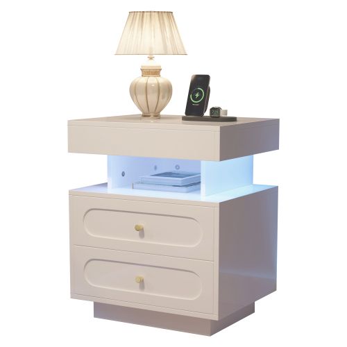 Table De Chevet LED 50x40x60 Cm, 2 Tiroirs, Blanc