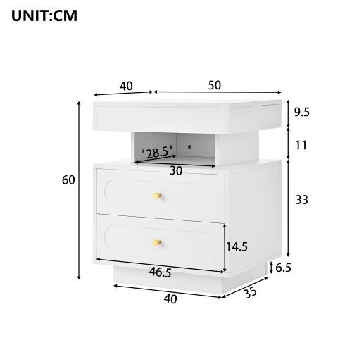 Table De Chevet LED 50x40x60 Cm, 2 Tiroirs, Blanc