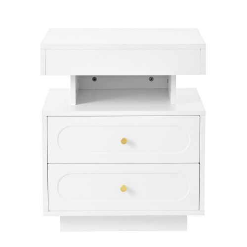 Table De Chevet LED 50x40x60 Cm, 2 Tiroirs, Blanc