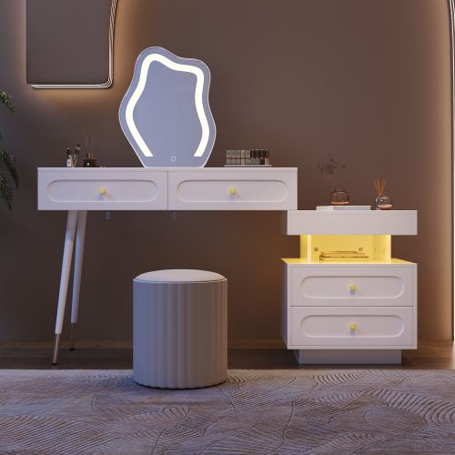 Coiffeuse Blanche Avec Miroir LED Et 4 Tiroirs, Blanc
