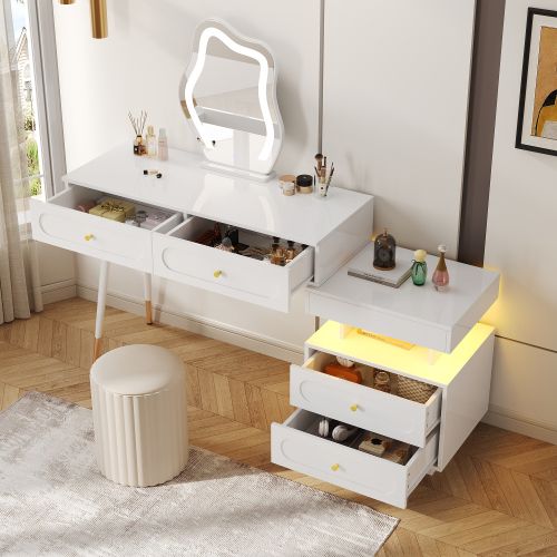 Coiffeuse Blanche Avec Miroir LED Et 4 Tiroirs, Blanc