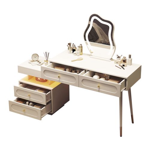 Coiffeuse Blanche Avec Miroir LED Et 4 Tiroirs, Blanc