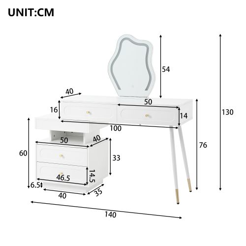 Coiffeuse Blanche Avec Miroir LED Et 4 Tiroirs, Blanc
