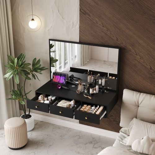 Coiffeuse Murale Noire 100x105x45 Cm Avec Miroir, 3 Tiroirs Et Prises Électriques