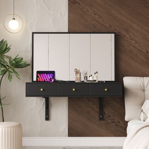 Coiffeuse Murale Noire 100x105x45 Cm Avec Miroir, 3 Tiroirs Et Prises Électriques
