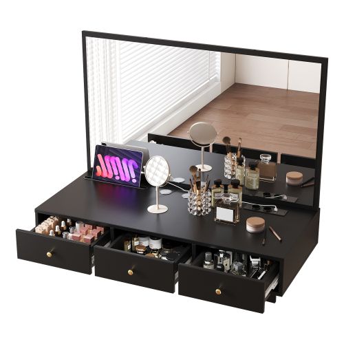 Coiffeuse Murale Noire 100x105x45 Cm Avec Miroir, 3 Tiroirs Et Prises Électriques
