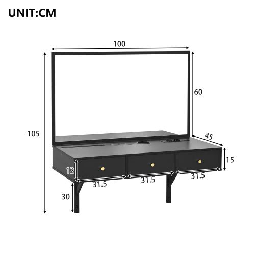 Coiffeuse Murale Noire 100x105x45 Cm Avec Miroir, 3 Tiroirs Et Prises Électriques