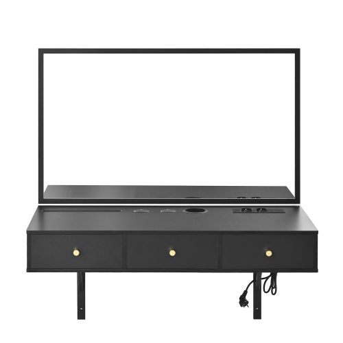 Coiffeuse Murale Noire 100x105x45 Cm Avec Miroir, 3 Tiroirs Et Prises Électriques