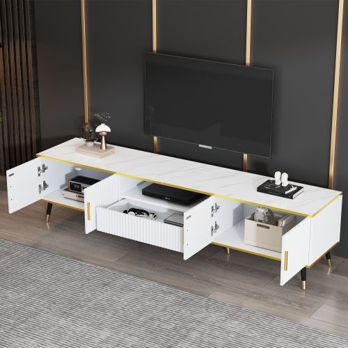 Meuble TV 200 Cm, Meuble Blanc Avec 2 Portes, 1 Tiroir, Niche Ouverte