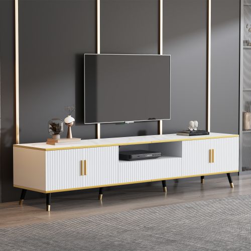 Meuble TV 200 Cm, Meuble Blanc Avec 2 Portes, 1 Tiroir, Niche Ouverte