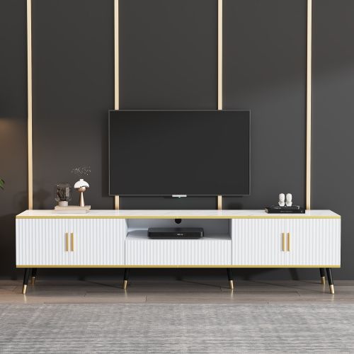 Meuble TV 200 Cm, Meuble Blanc Avec 2 Portes, 1 Tiroir, Niche Ouverte