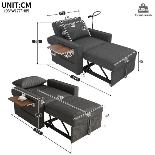 Canapé Convertible 1 Place En Velours Côtelé Gris Avec Port USB Et Support Téléphone Rotatif