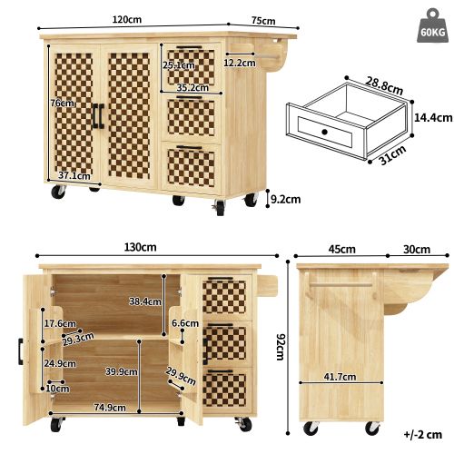 Desserte De Cuisine à Roulettes Avec 3 Tiroirs, 2 Portes Et Porte-serviettes, Bois Naturel
