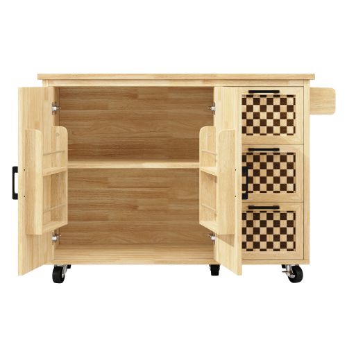 Desserte De Cuisine à Roulettes Avec 3 Tiroirs, 2 Portes Et Porte-serviettes, Bois Naturel
