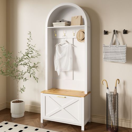 Vestiaire D’entrée Avec Crochets, Étagère Et Rangement à Chaussures, Blanc Et Bois