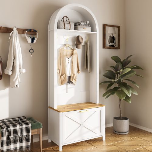 Vestiaire D’entrée Avec Crochets, Étagère Et Rangement à Chaussures, Blanc Et Bois