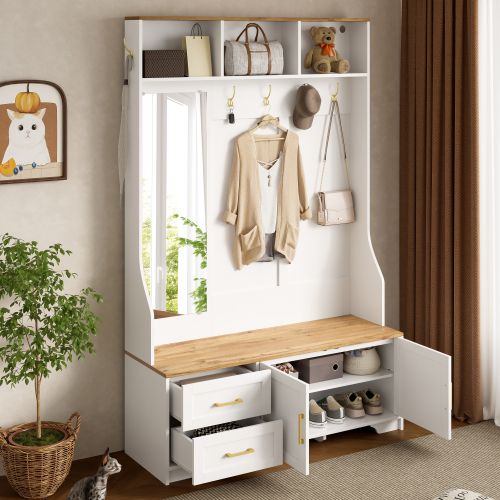 Vestiaire D’entrée Avec Miroir, LED, Crochets, Tiroirs, Portes Et Rangement Chaussures, Blanc