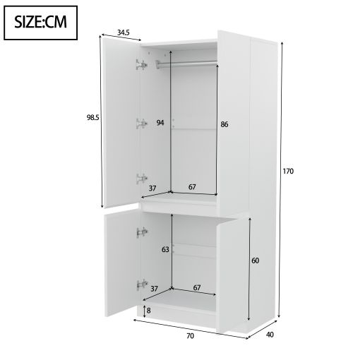Armoire Adulte à Double Porte 70 X 40 X 170 Cm, Grands Compartiments De Rangement, Blanc