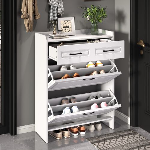 Meuble à Chaussures 80 X 34 X 107,5 Cm, Avec 4 Compartiments Et 1 Tiroir, Blanc