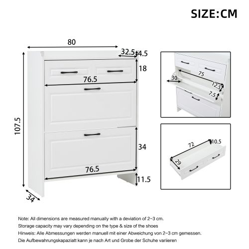 Meuble à Chaussures 80 X 34 X 107,5 Cm, Avec 4 Compartiments Et 1 Tiroir, Blanc