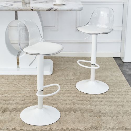 Lot De 2 Tabourets De Bar Réglables, Dossier Transparent, Piètement Métal Blanc, Blanc